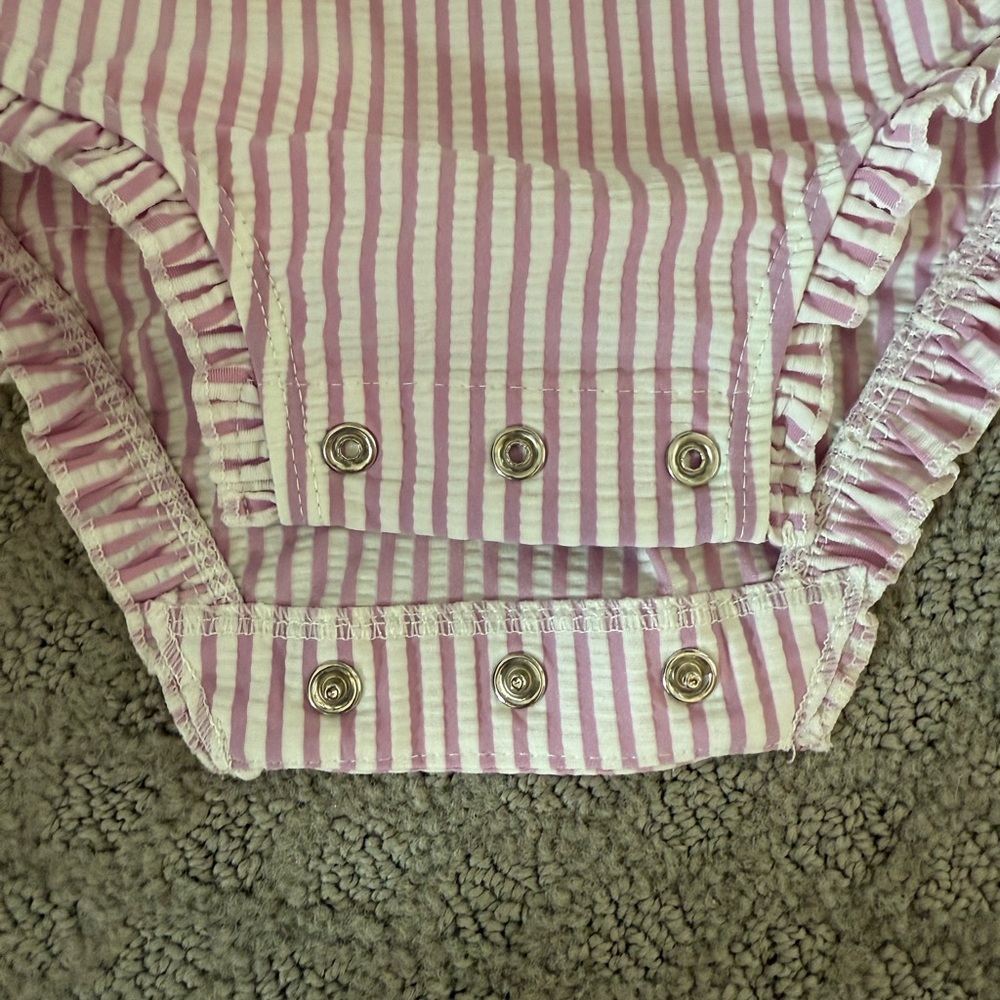 Ruffle Butts Purple and White Striped Swimsuit with Bow Details - Picture 3 of 7